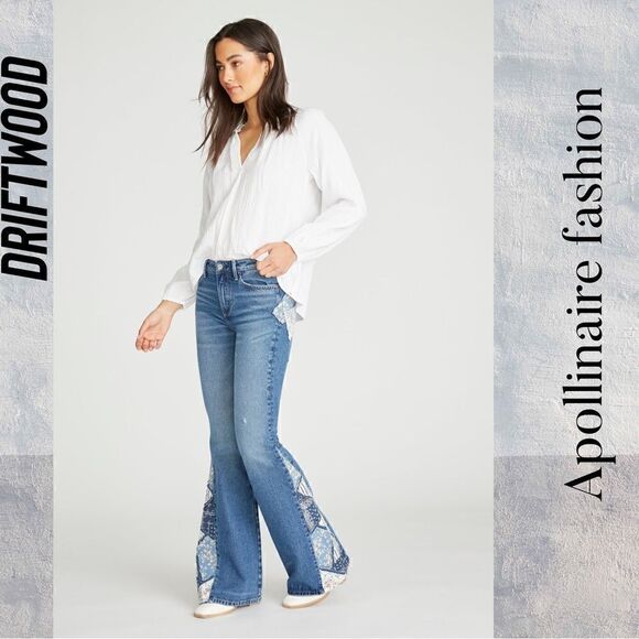 DRIFTWOOD FARRAH FLARE PATCH UP JEANS NWT POOL BLUE - Picture 3 of 9